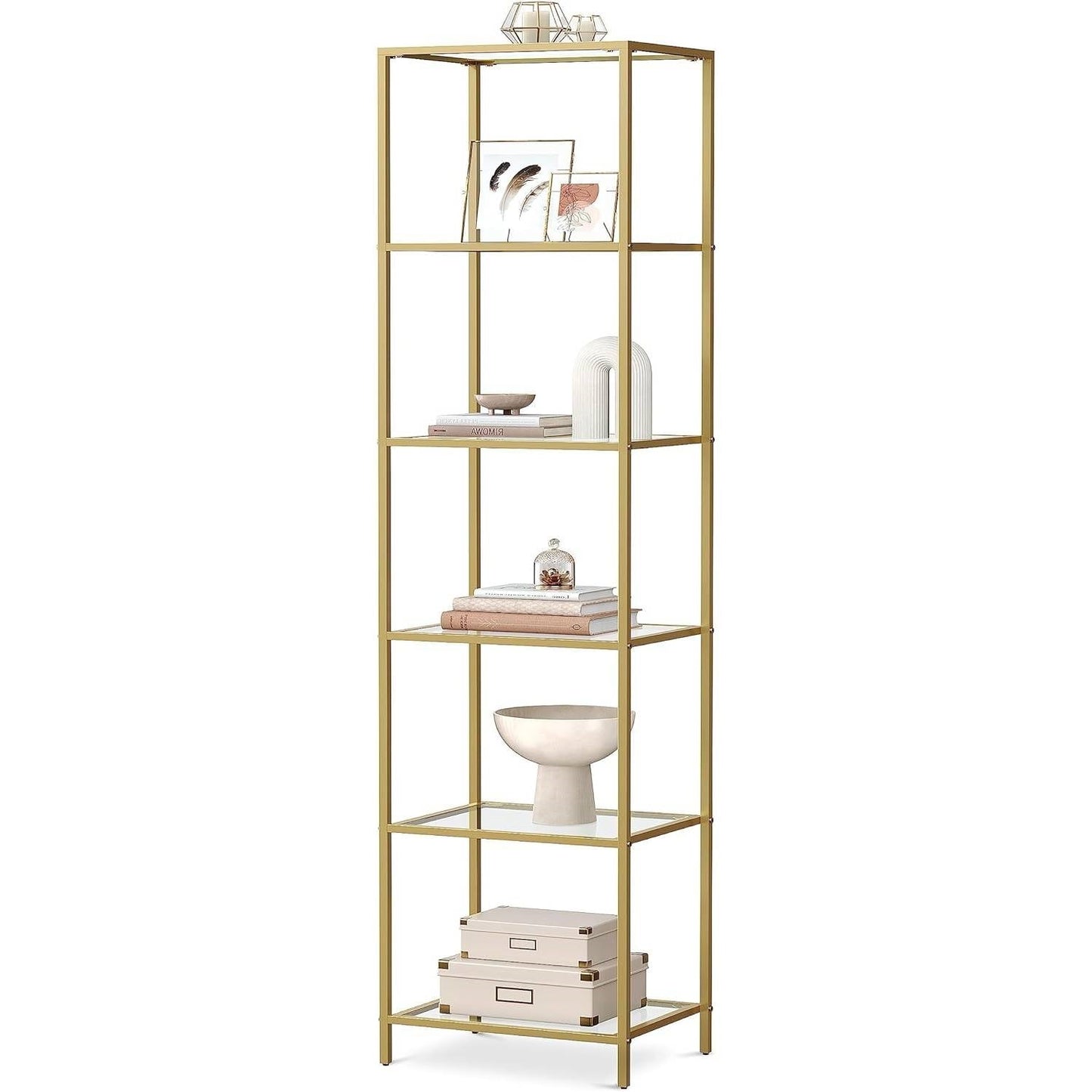Narrow Glass Shelf Bookcase Bedroom Living Office Bath Storage Unit in Gold FastFurnishings