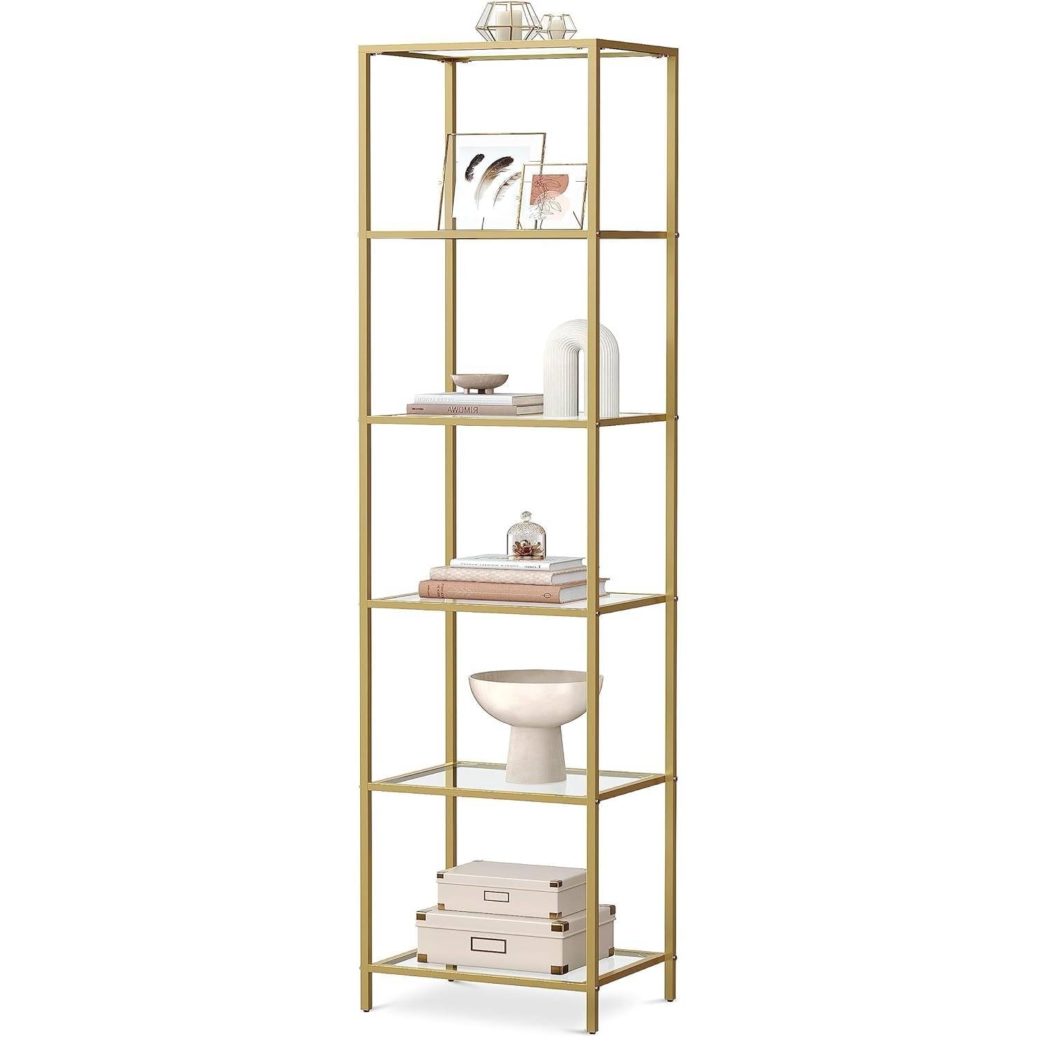 Narrow Glass Shelf Bookcase Bedroom Living Office Bath Storage Unit in Gold FastFurnishings