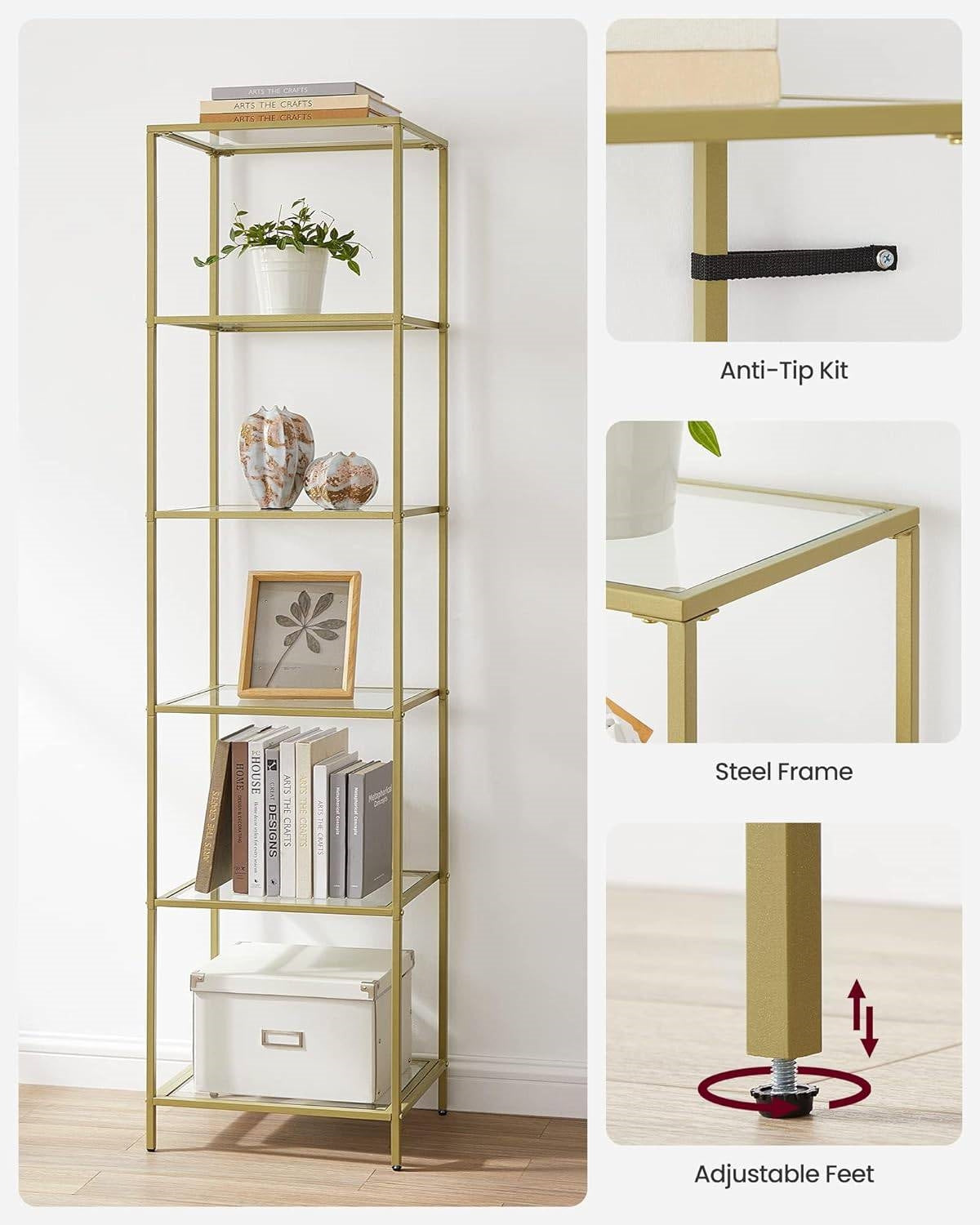 Narrow Glass Shelf Bookcase Bedroom Living Office Bath Storage Unit in Gold FastFurnishings