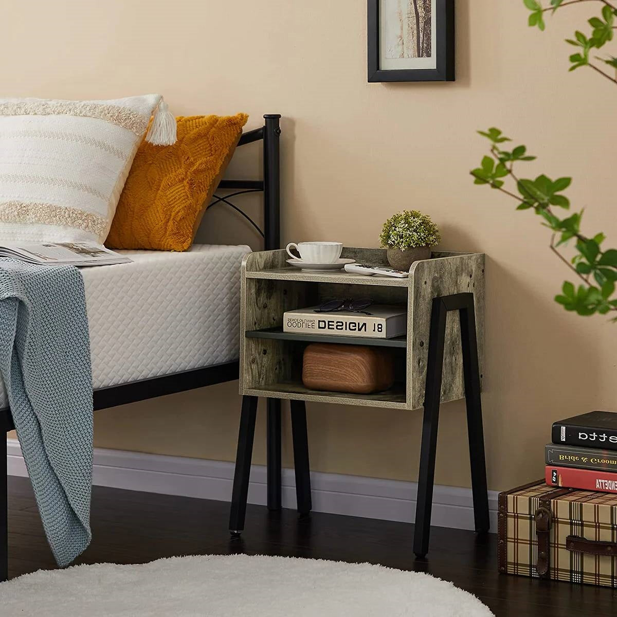 Set of 2 Modern Industrial Grey Wood Black Metal Side Table Nightstand End Table-1