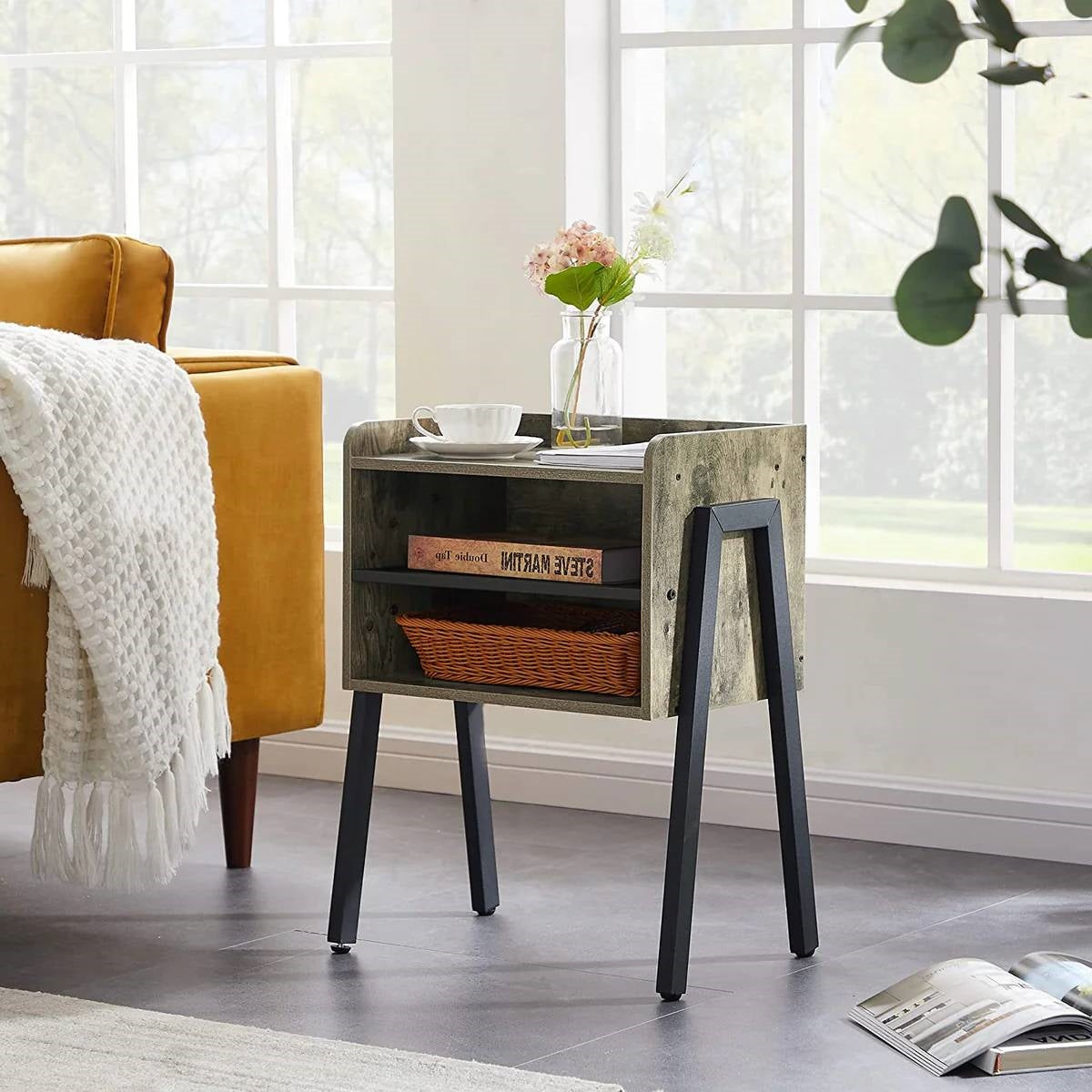 Set of 2 Modern Industrial Grey Wood Black Metal Side Table Nightstand End Table-3