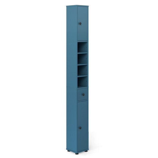 Costway Freestanding Slim Bathroom Cabinet with Drawer and Adjustable Shelves-Blue W2B