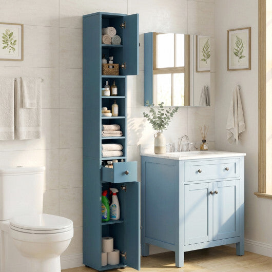 Costway Freestanding Slim Bathroom Cabinet with Drawer and Adjustable Shelves-Blue W2B