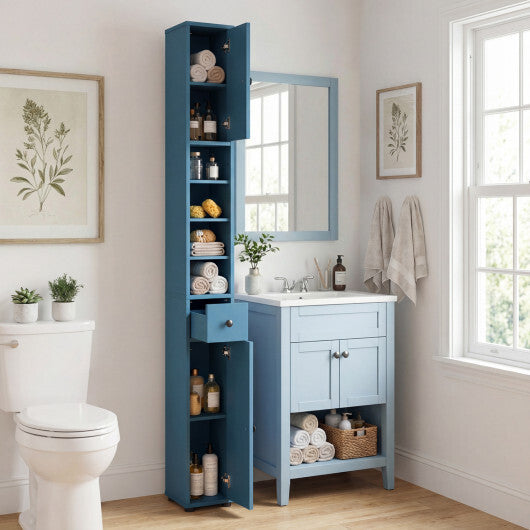 Costway Freestanding Slim Bathroom Cabinet with Drawer and Adjustable Shelves-Blue W2B
