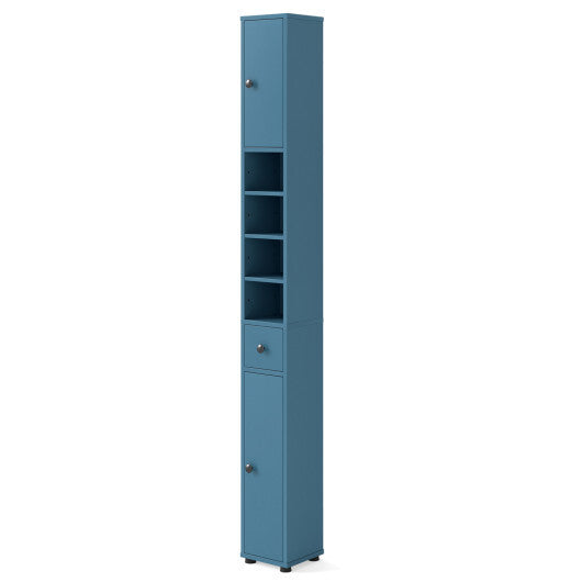 Costway Freestanding Slim Bathroom Cabinet with Drawer and Adjustable Shelves-Blue W2B