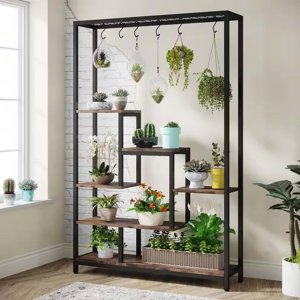 Modern Industrial Heavy Duty Metal Wood Plant Stand with 10 Hanging Hooks FastFurnishings