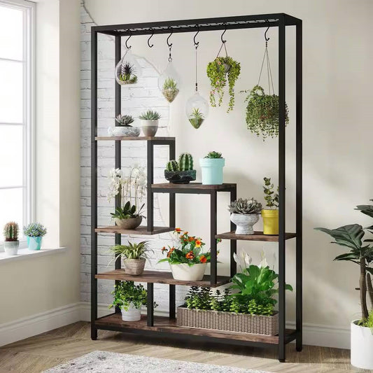 Modern Industrial Heavy Duty Metal Wood Plant Stand with 10 Hanging Hooks FastFurnishings