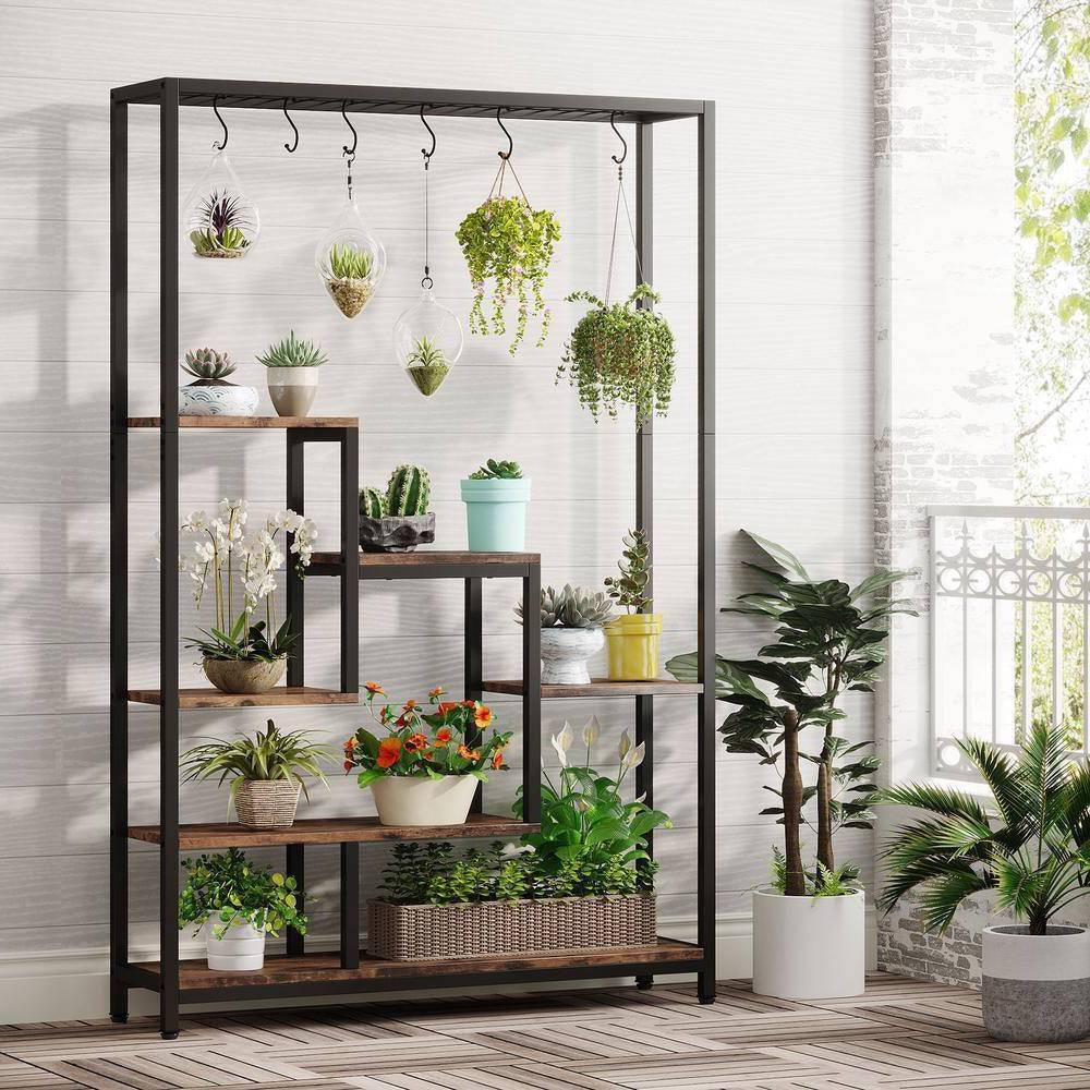 Modern Industrial Heavy Duty Metal Wood Plant Stand with 10 Hanging Hooks FastFurnishings