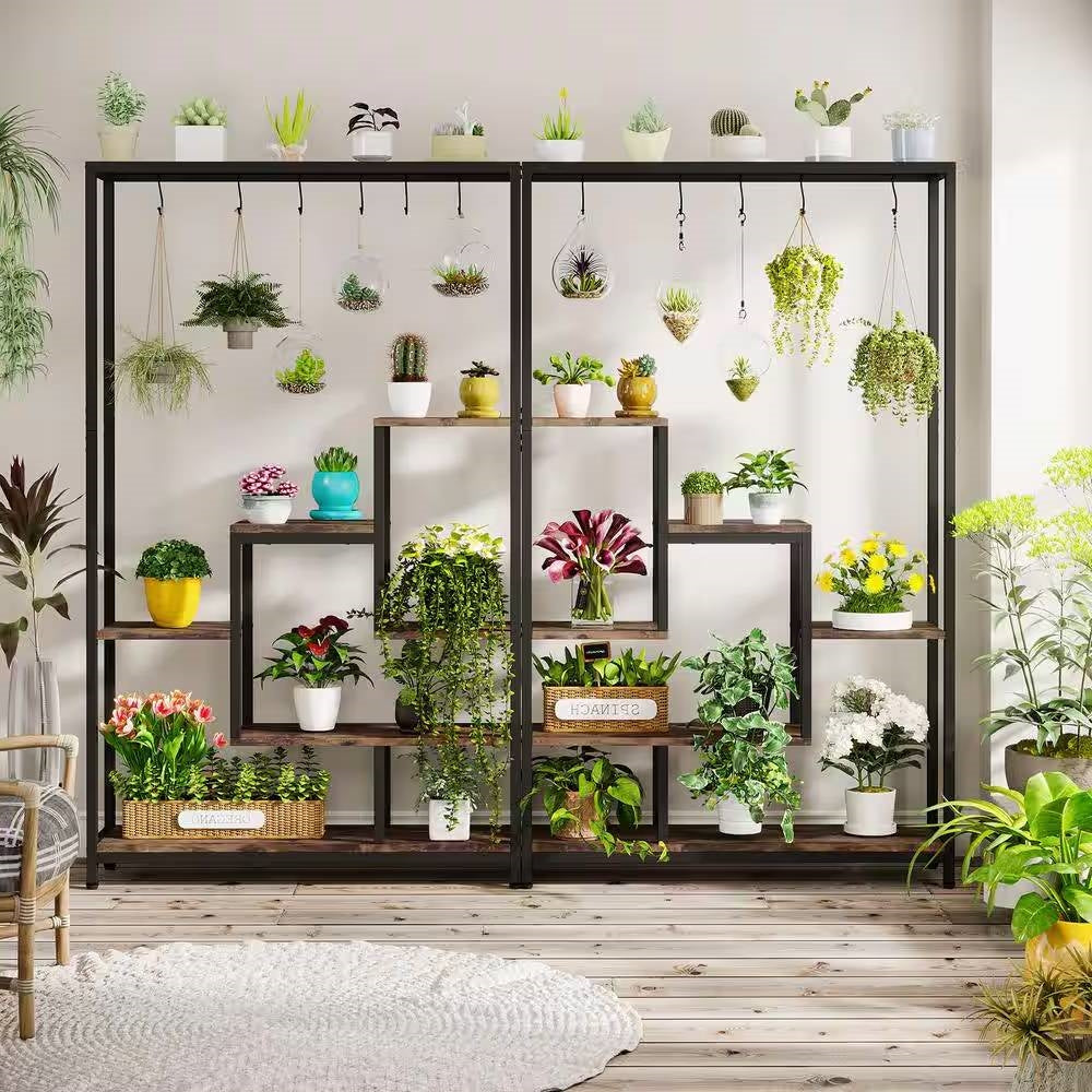 Modern Industrial Heavy Duty Metal Wood Plant Stand with 10 Hanging Hooks FastFurnishings