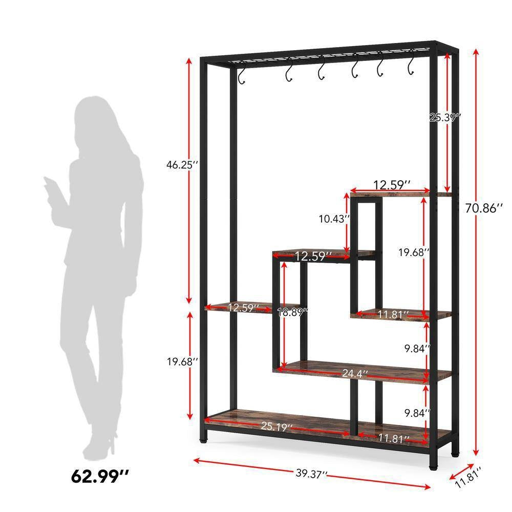 Modern Industrial Heavy Duty Metal Wood Plant Stand with 10 Hanging Hooks FastFurnishings