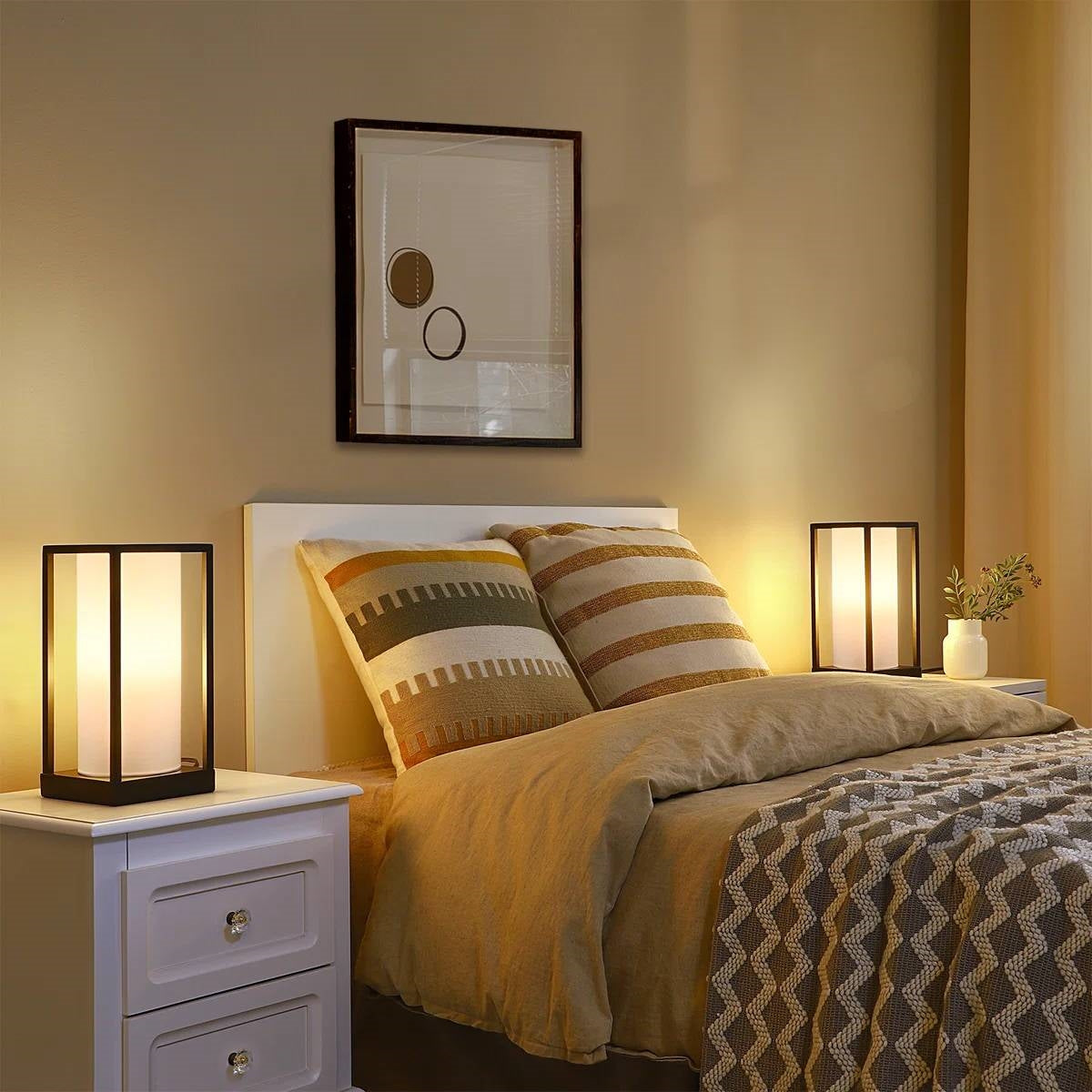Set of 2 - Japanese Style USB Table Lamp with White Linen Shade and LED Bulbs FastFurnishings