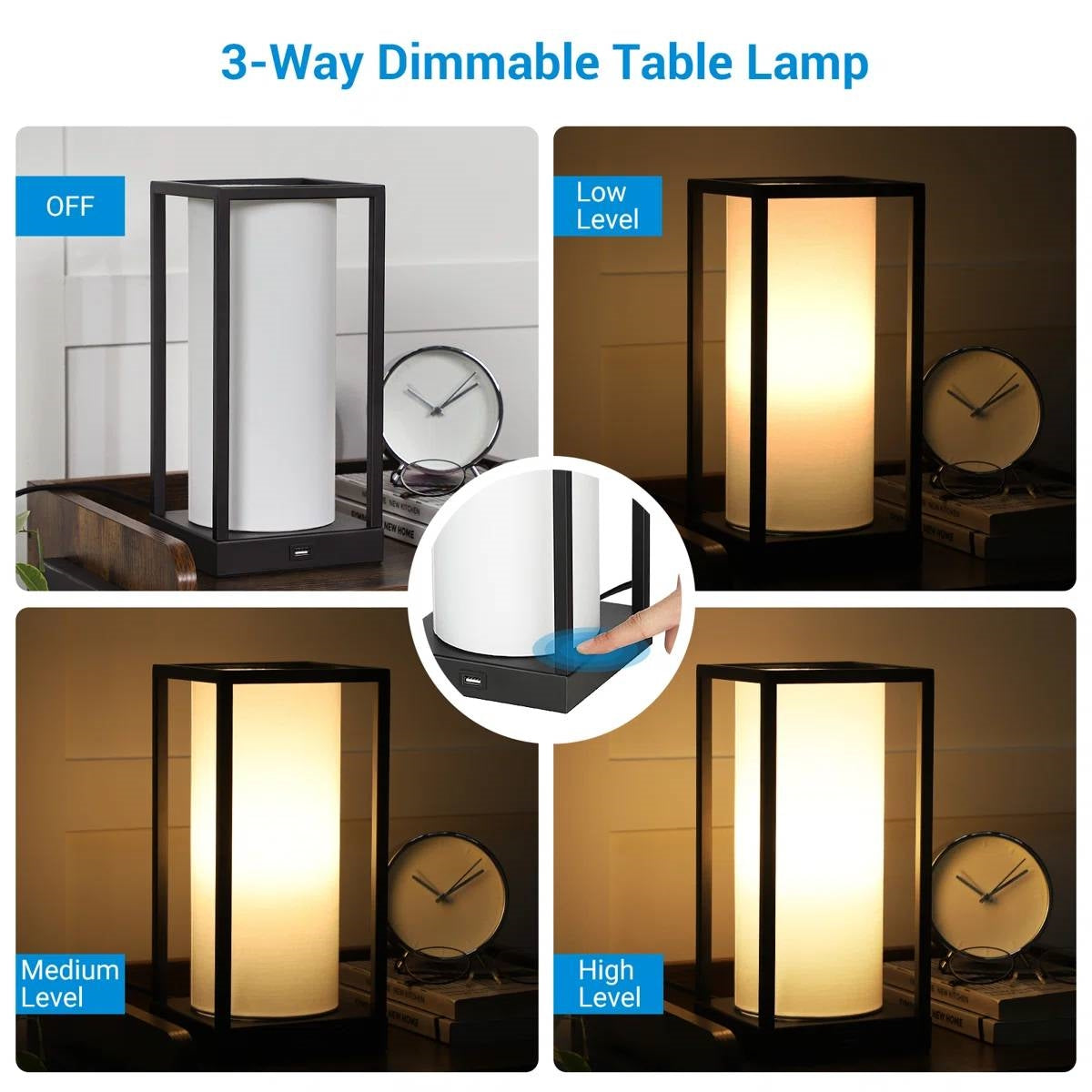 Set of 2 - Japanese Style USB Table Lamp with White Linen Shade and LED Bulbs FastFurnishings