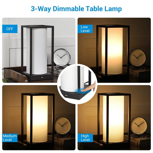 Set of 2 - Japanese Style USB Table Lamp with White Linen Shade and LED Bulbs FastFurnishings