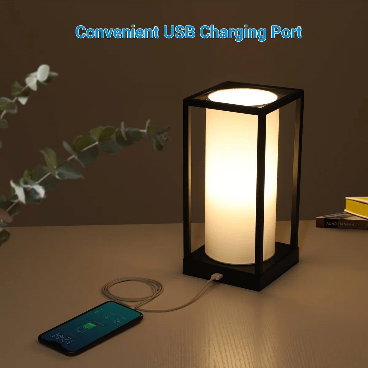 Set of 2 - Japanese Style USB Table Lamp with White Linen Shade and LED Bulbs FastFurnishings