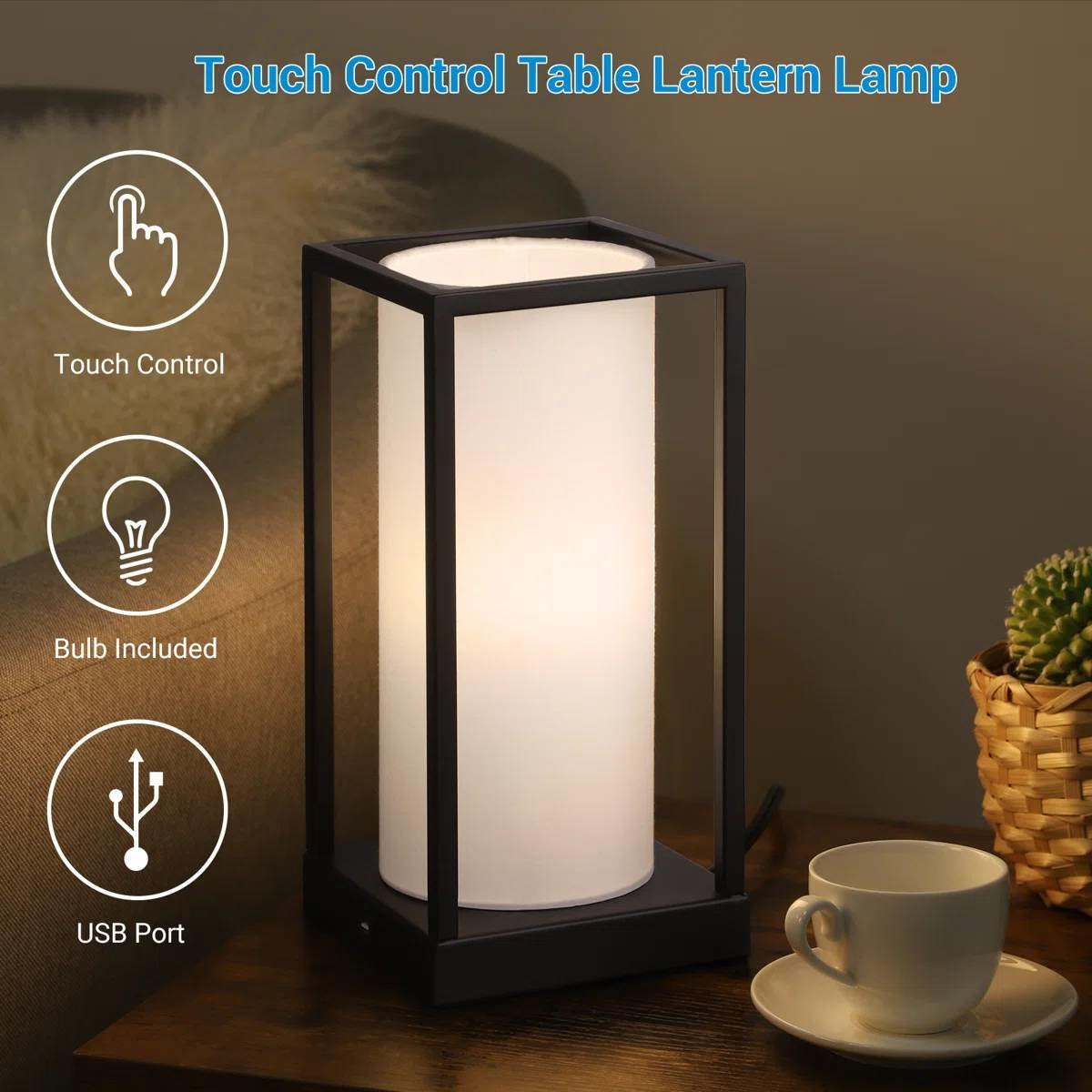 Set of 2 - Japanese Style USB Table Lamp with White Linen Shade and LED Bulbs FastFurnishings