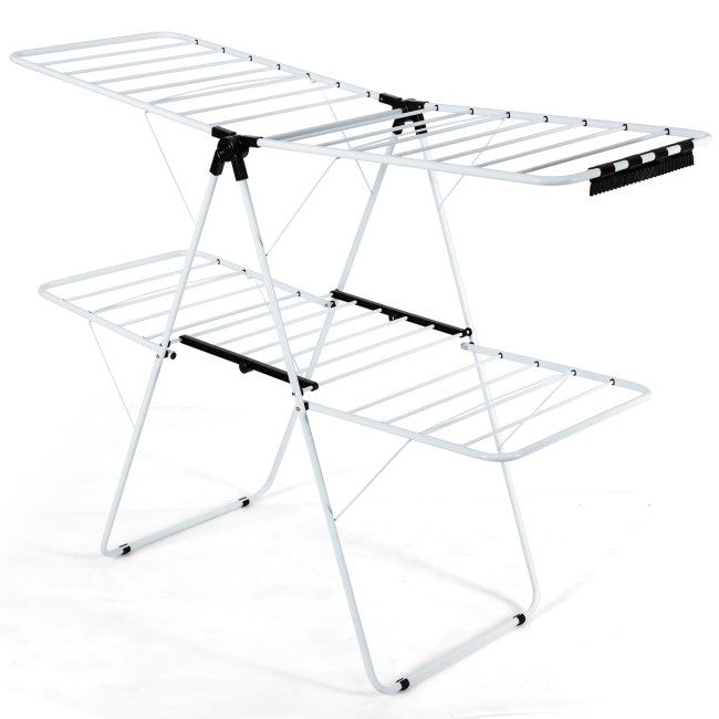 White 2 Level Foldable Clothes Drying Rack Adjustable Height FastFurnishings