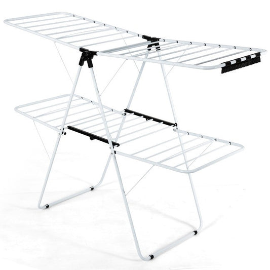 White 2 Level Foldable Clothes Drying Rack Adjustable Height FastFurnishings