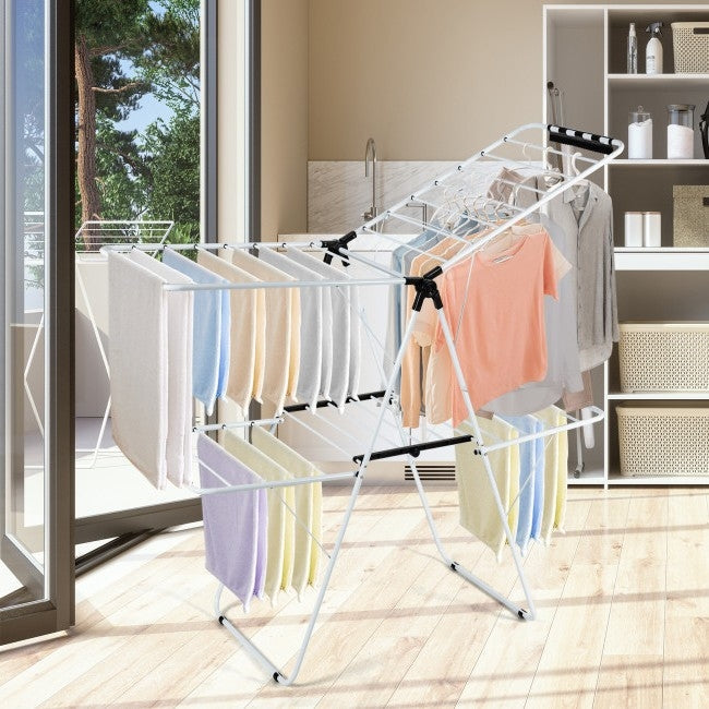 White 2 Level Foldable Clothes Drying Rack Adjustable Height FastFurnishings