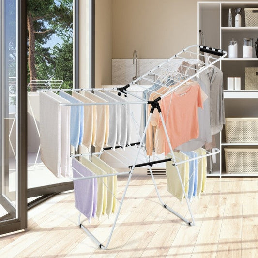 White 2 Level Foldable Clothes Drying Rack Adjustable Height FastFurnishings