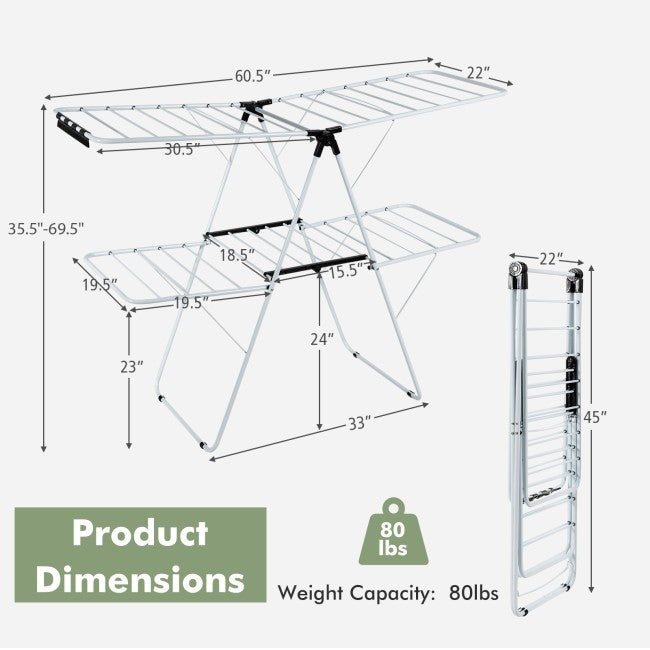 White 2 Level Foldable Clothes Drying Rack Adjustable Height FastFurnishings