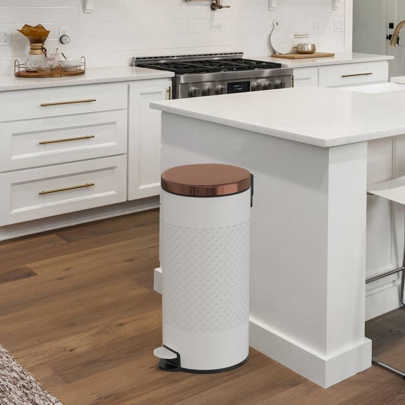 Hands Free White/Gold Metal Step On Trash Can - 8 Gallons FastFurnishings