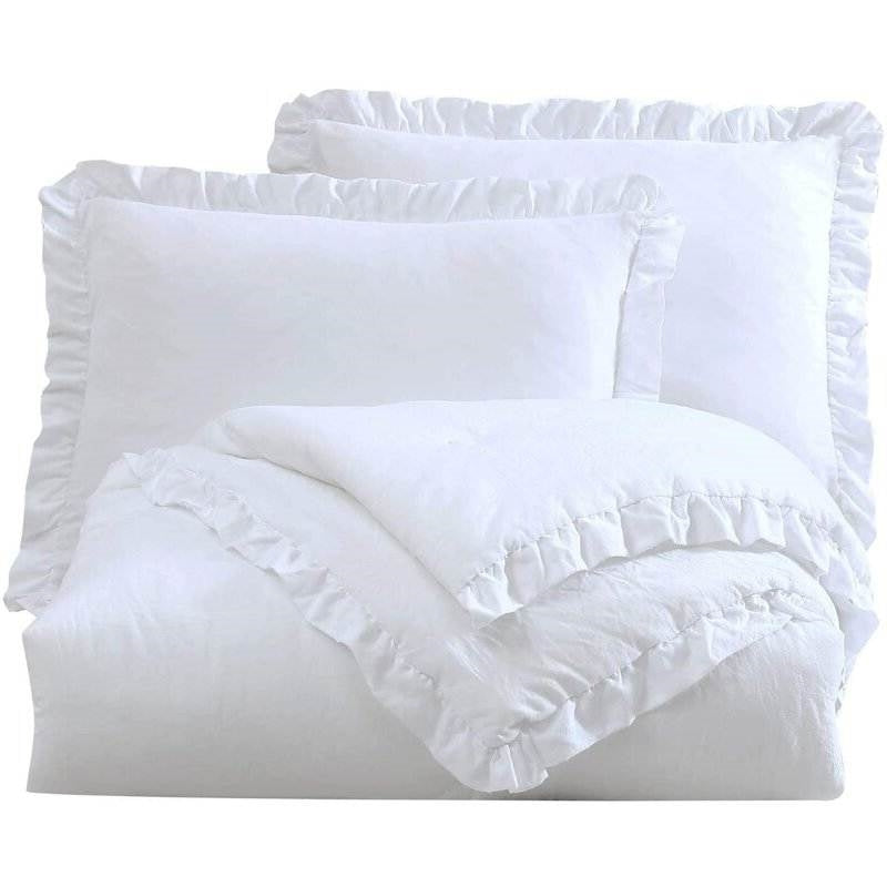 King Size White Ruffled Edge Microfiber Comforter Set FastFurnishings