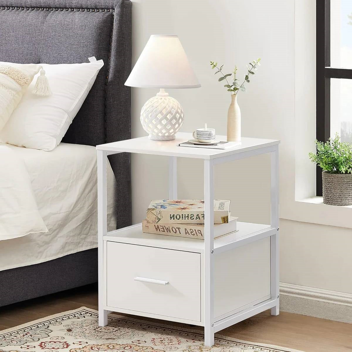 Set of 2 - Modern White Metal Wood Side End Table Nightstand with Storage Drawer-0