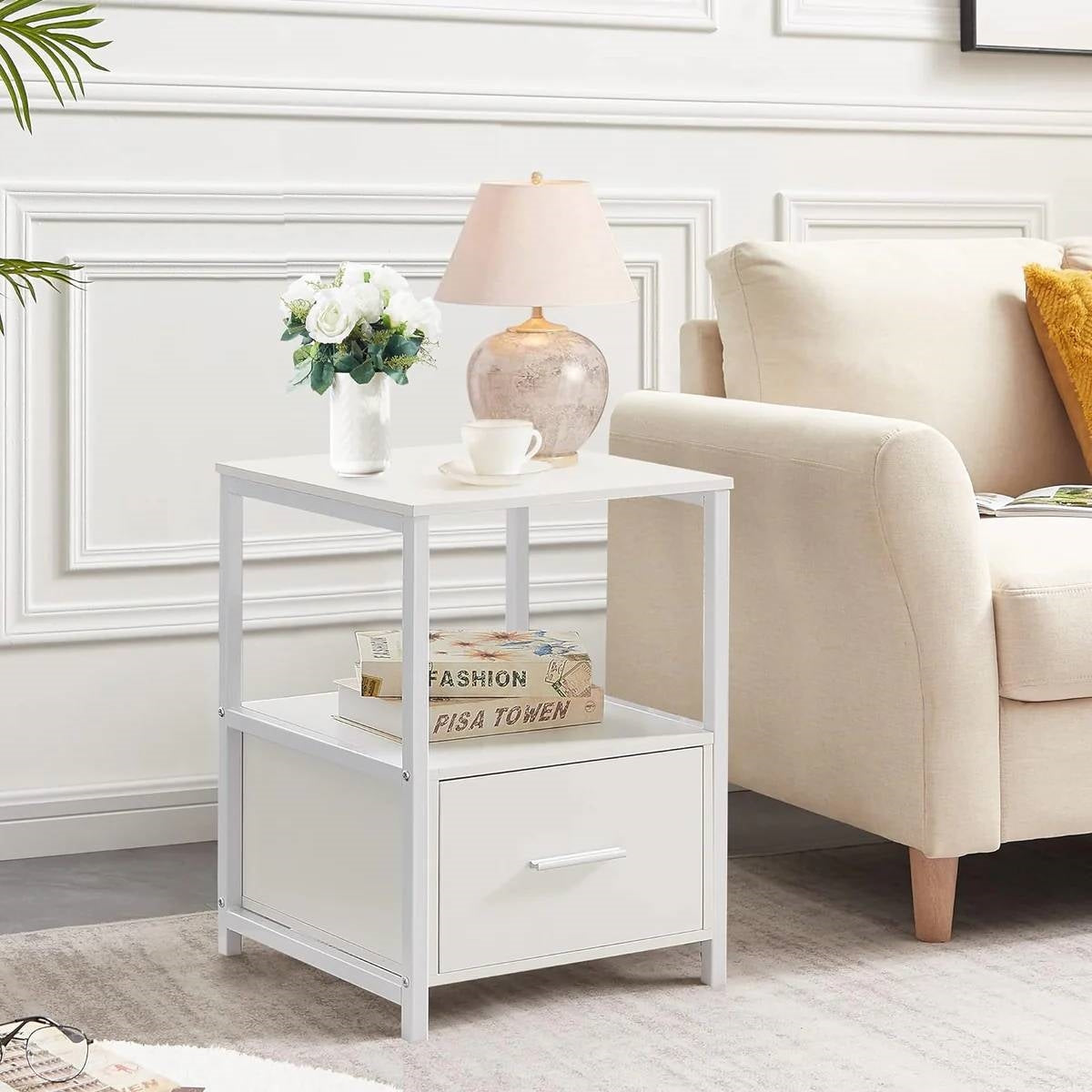 Set of 2 - Modern White Metal Wood Side End Table Nightstand with Storage Drawer-1