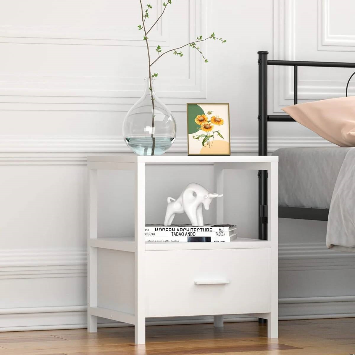 Set of 2 - Modern White Metal Wood Side End Table Nightstand with Storage Drawer-3