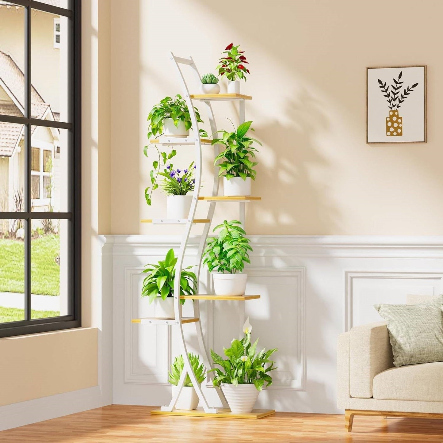 63-inch Tall Indoor Plant Stand with White Metal Frame and Wood Finish Shelves FastFurnishings