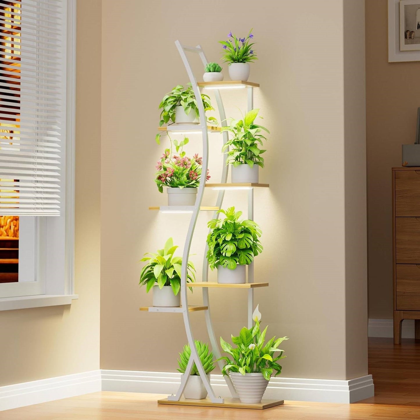 63-inch Tall Indoor Plant Stand with White Metal Frame and Wood Finish Shelves FastFurnishings