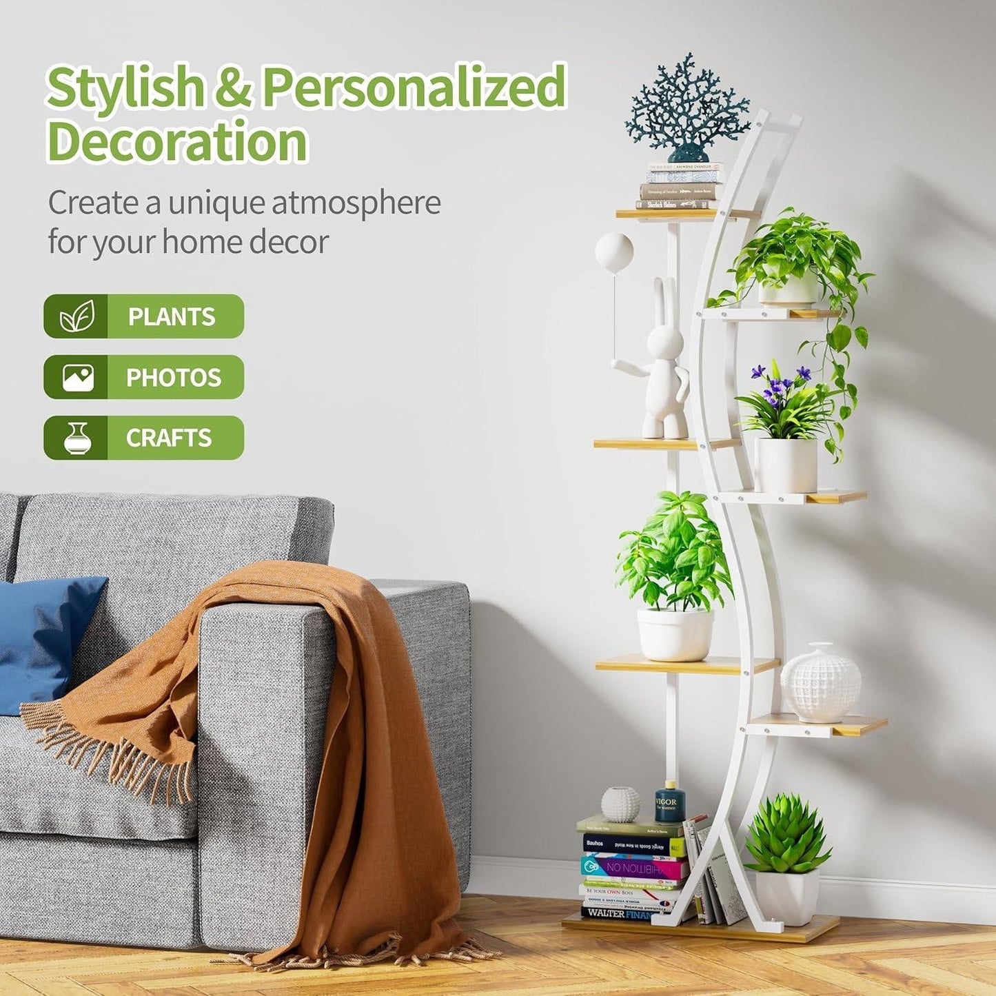 63-inch Tall Indoor Plant Stand with White Metal Frame and Wood Finish Shelves FastFurnishings