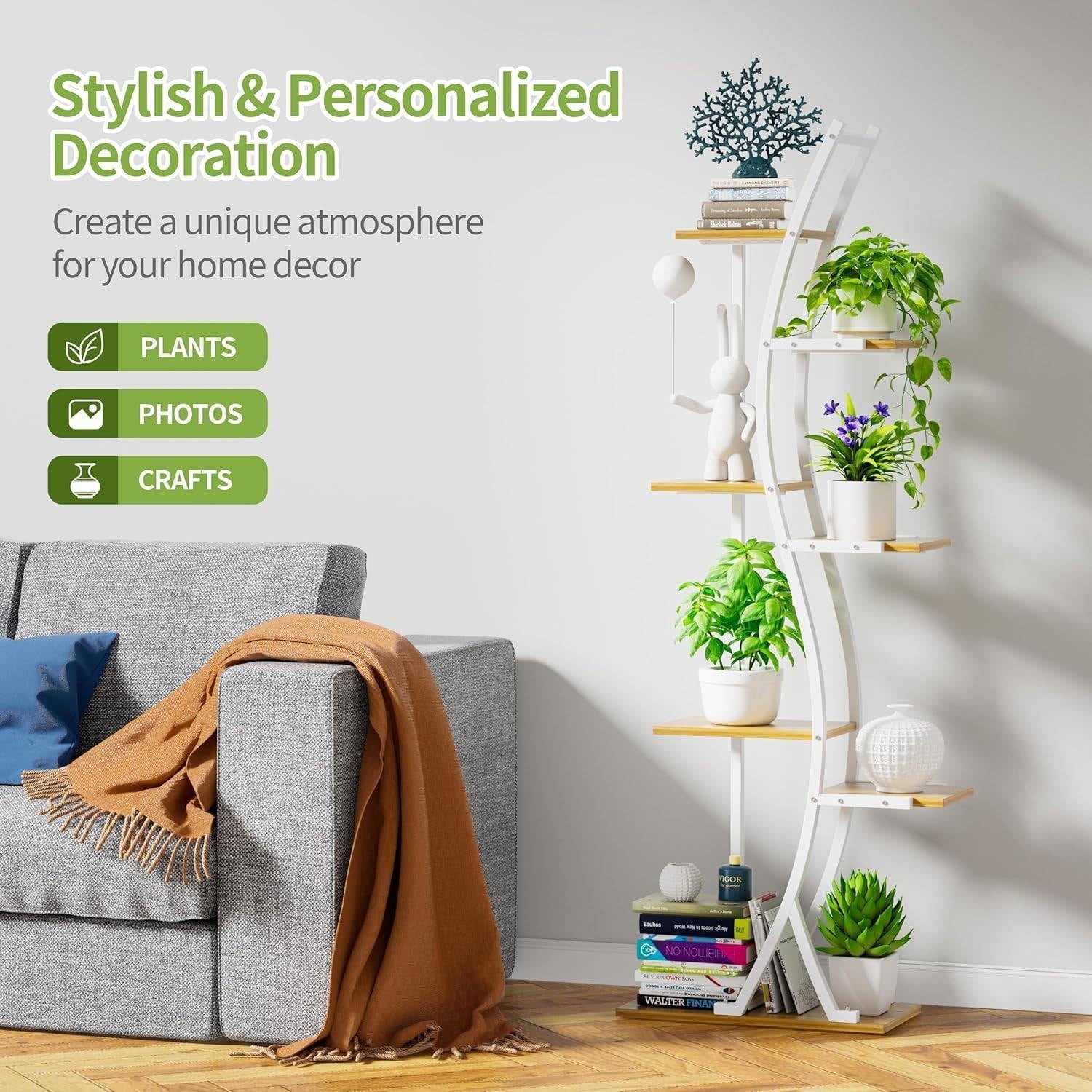 63-inch Tall Indoor Plant Stand with White Metal Frame and Wood Finish Shelves FastFurnishings