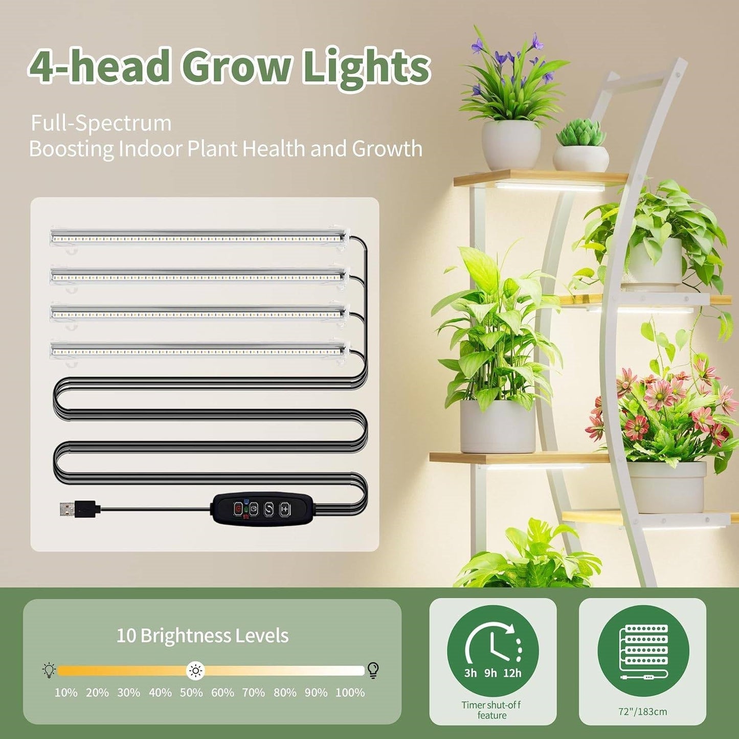 63-inch Tall Indoor Plant Stand with White Metal Frame and Wood Finish Shelves FastFurnishings