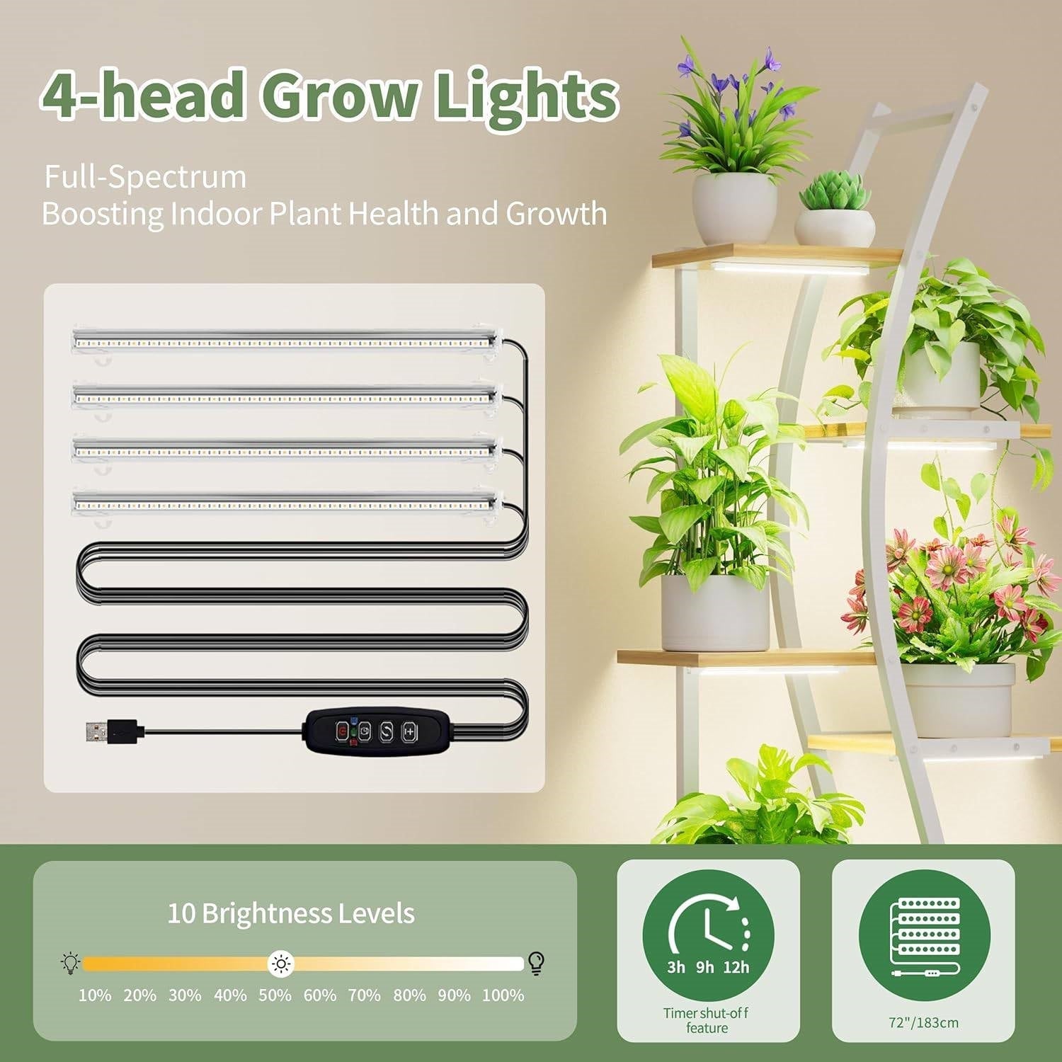 63-inch Tall Indoor Plant Stand with White Metal Frame and Wood Finish Shelves FastFurnishings