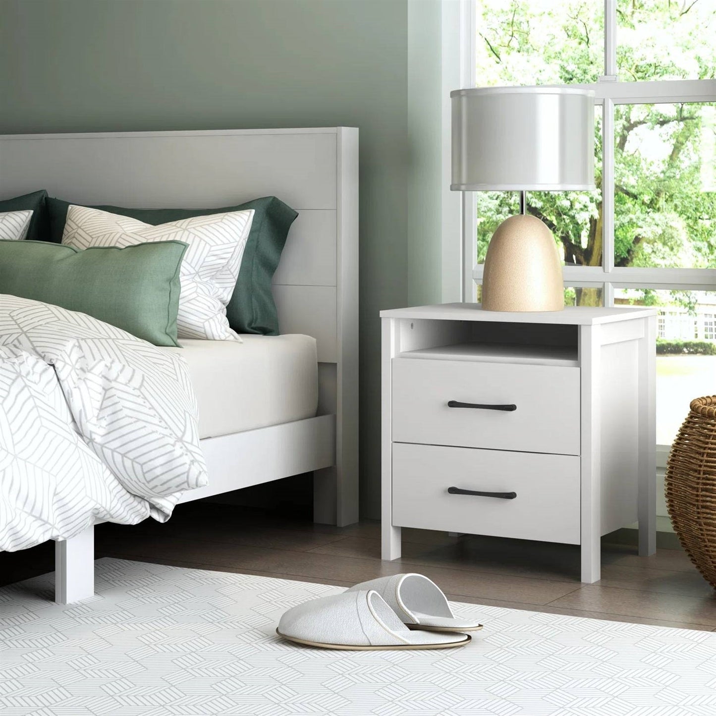 Modern 2-Drawer Bedside Table Nightstand in White Wood Finish-3