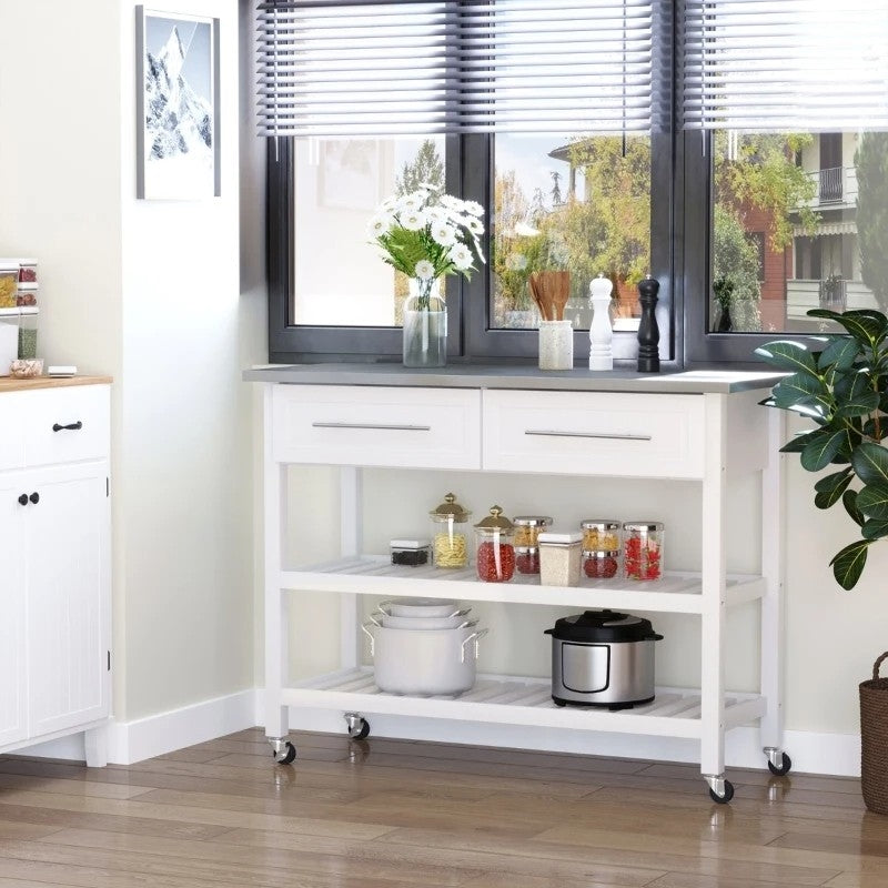 White Rolling Kitchen Island 2 Drawers Storage with Stainless Steel Top HomePacific