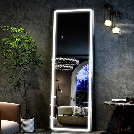 White 64-inch Full Length Floor Mirror with Stand and LED Light Strip-0