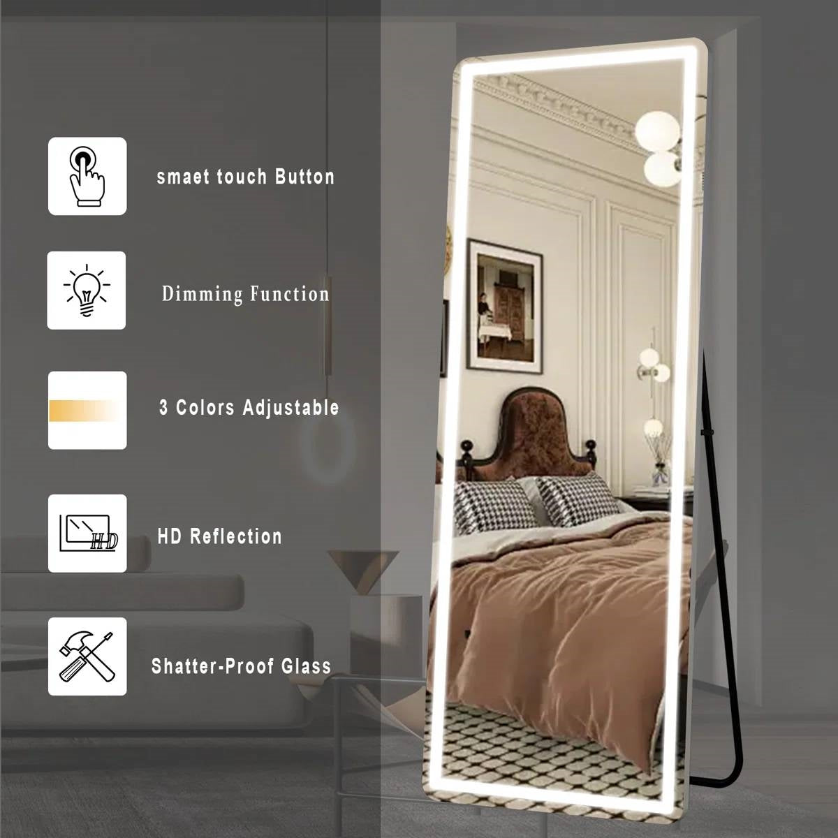 White 64-inch Full Length Floor Mirror with Stand and LED Light Strip-3