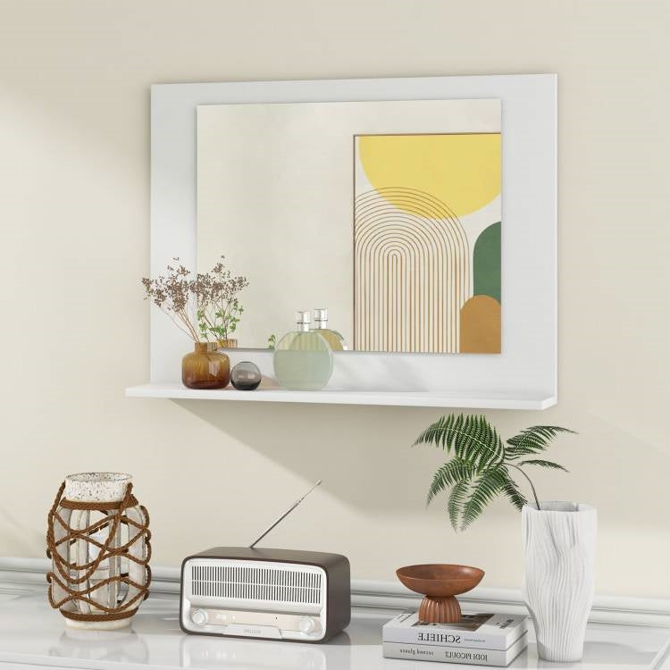 Rectangular Bathroom Wall Mirror with Storage Shelf and White Wood Frame-2
