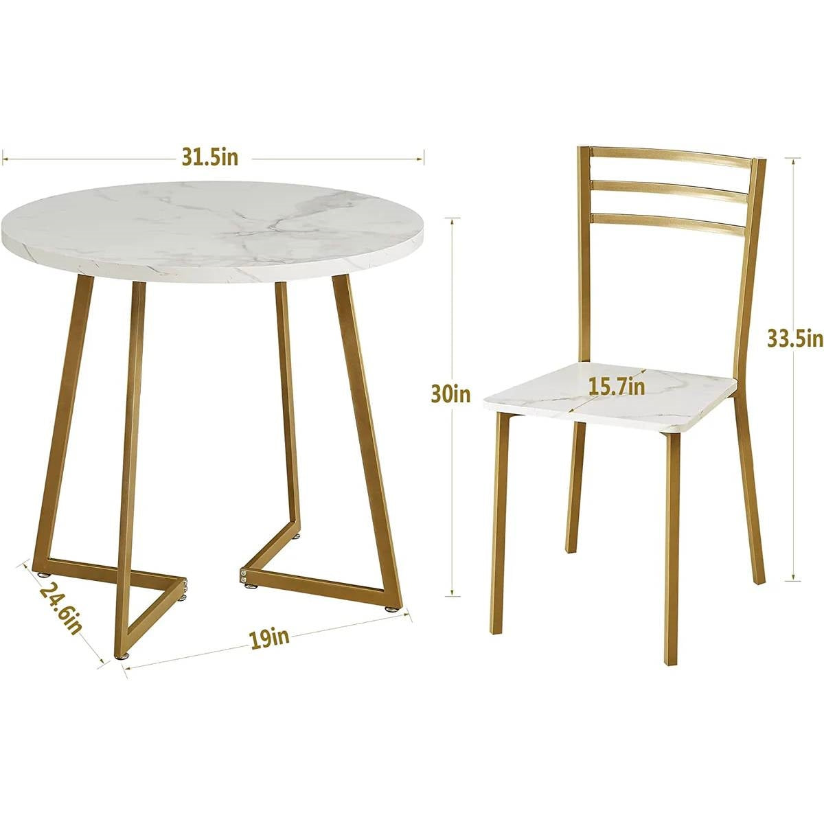 3-Piece Kitchen Dining Set with Round White Faux Marble-Top Table and 2 Chairs-4