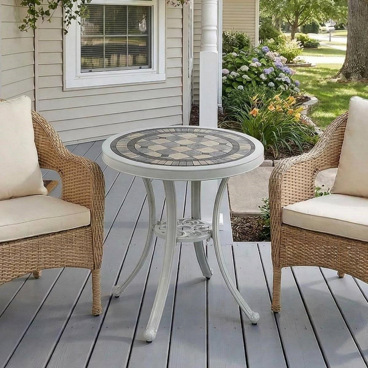 Round Ceramic Tile Outdoor Patio Bistro Table with Off White Metal Base FastFurnishings