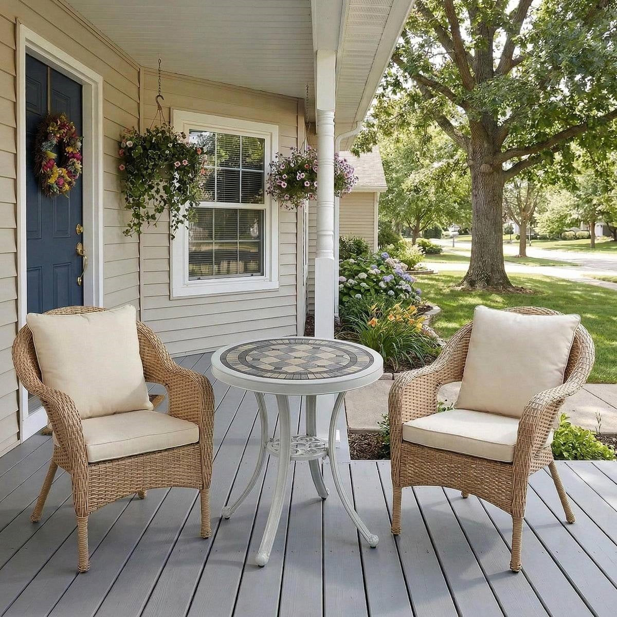 Round Ceramic Tile Outdoor Patio Bistro Table with Off White Metal Base FastFurnishings