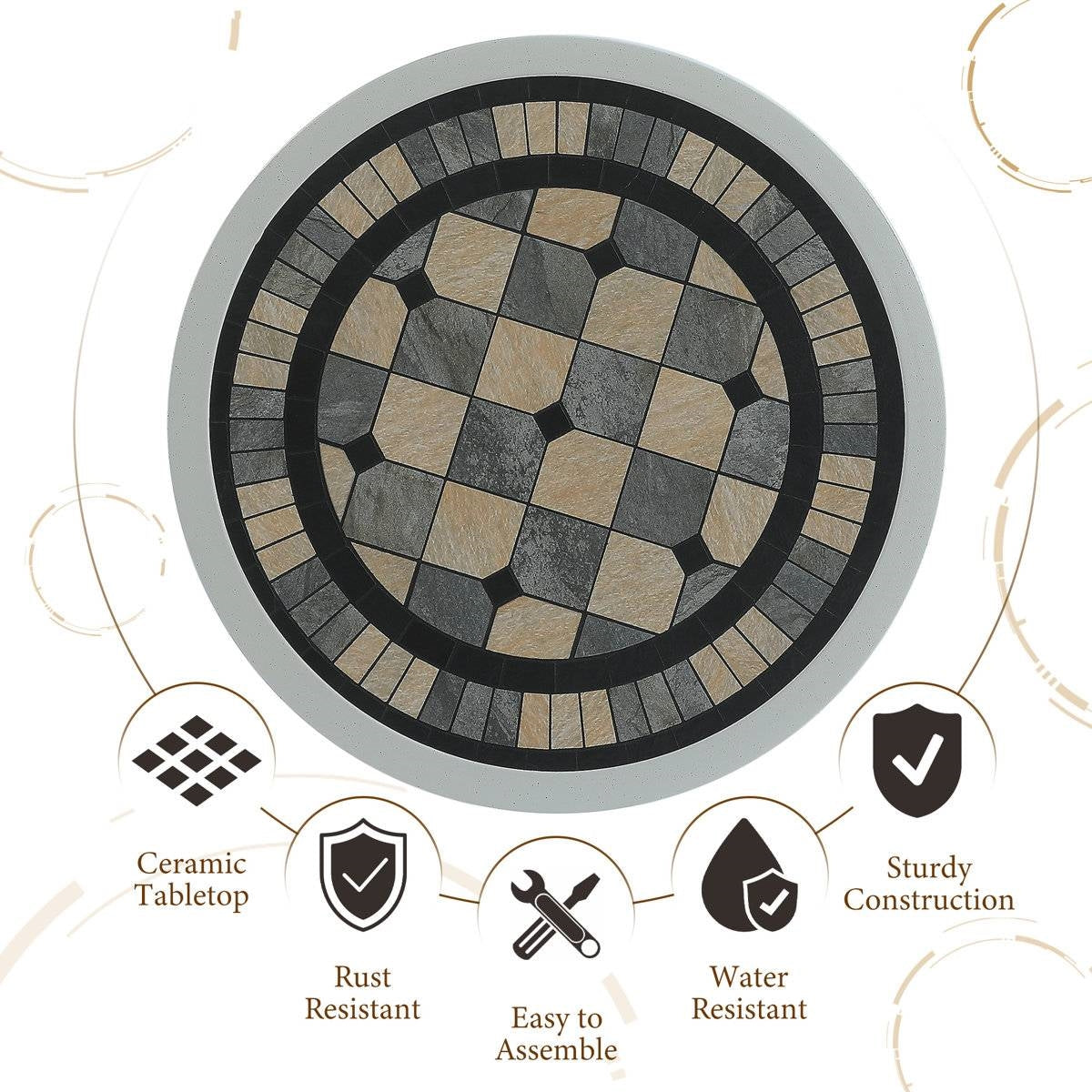 Round Ceramic Tile Outdoor Patio Bistro Table with Off White Metal Base FastFurnishings