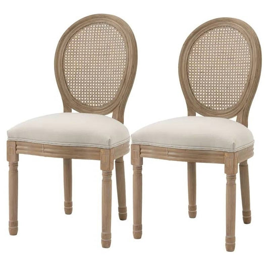 Set of 2 Vintage Upholstered Armless Rattan Back Dining Chairs Beige White