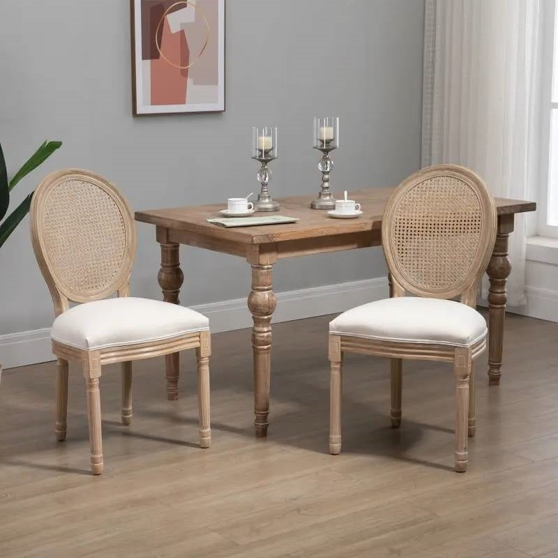 Set of 2 Vintage Upholstered Armless Rattan Back Dining Chairs Beige White