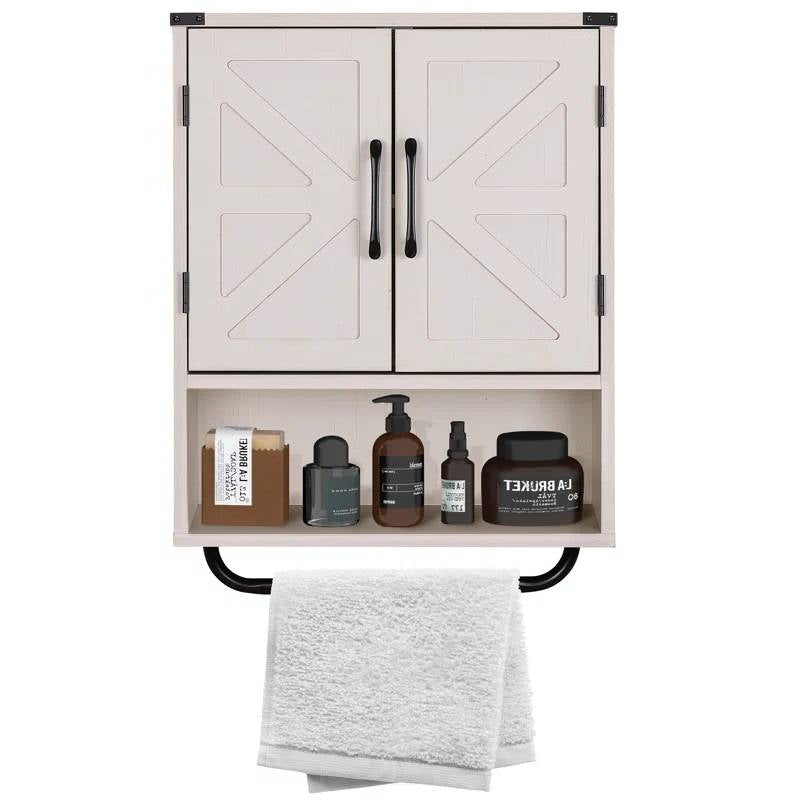 White Farmhouse Bathroom Wall Cabinet with Storage Shelf and Towel Bar FastFurnishings