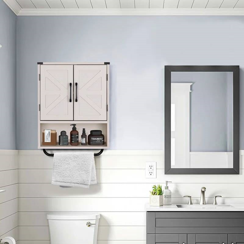 White Farmhouse Bathroom Wall Cabinet with Storage Shelf and Towel Bar FastFurnishings