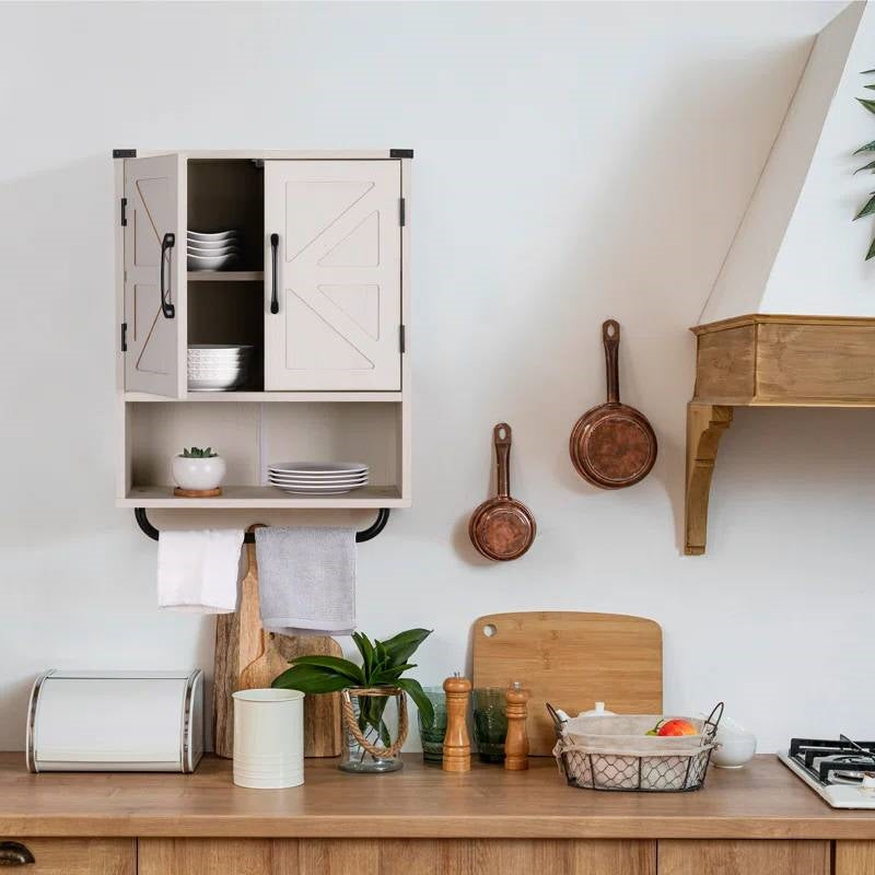 White Farmhouse Bathroom Wall Cabinet with Storage Shelf and Towel Bar FastFurnishings