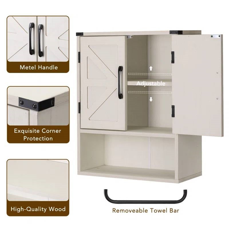 White Farmhouse Bathroom Wall Cabinet with Storage Shelf and Towel Bar FastFurnishings